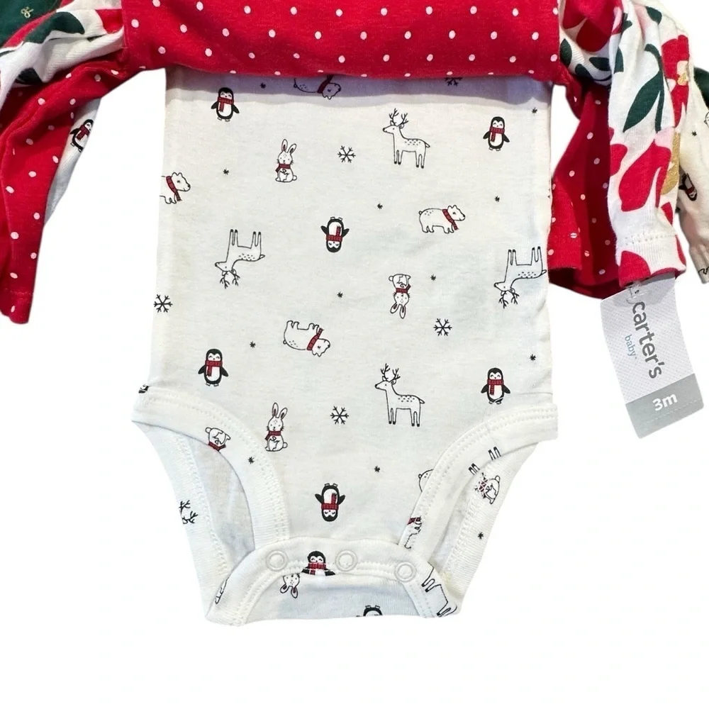 Carter’s NWT 4-Pack Christmas Bodysuits Long Sleeve Girls NB 3M